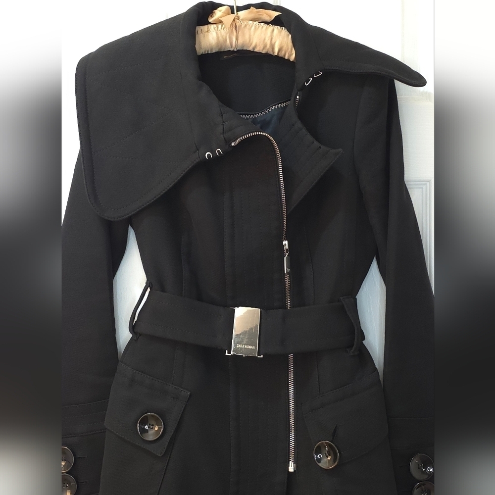 Zara Black Military Style Coat with Silver Buckle Belt Size S Cotton - Picture 6 of 13